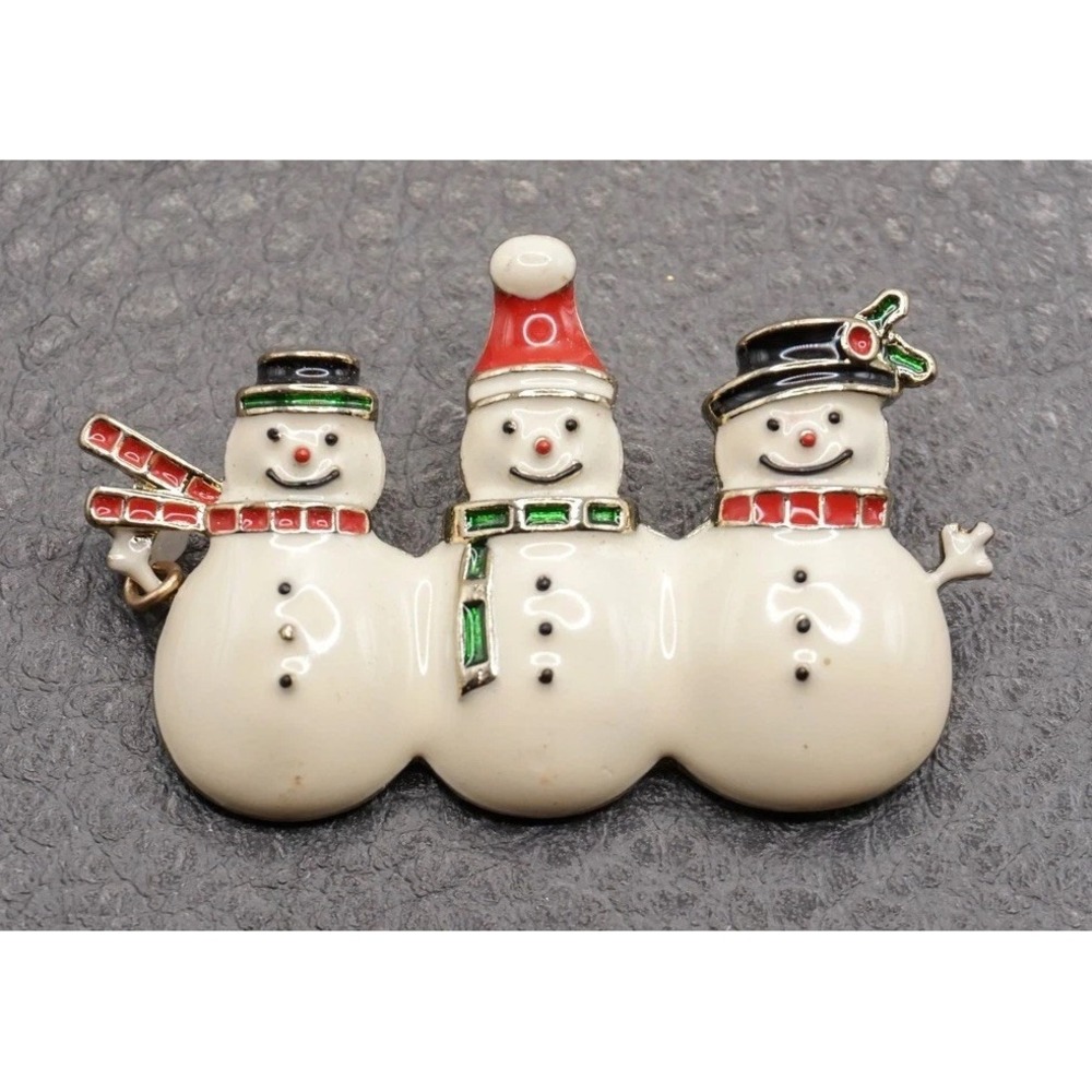 Vintage Snowman Brooch Pin Enamel Christmas Holiday Gold Tone